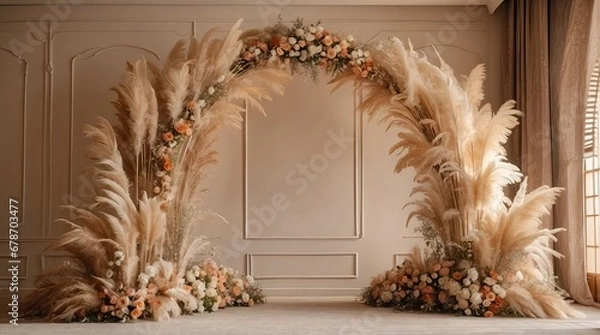 Fototapeta Boho wedding arch with pampas and flowers inside a beige room, wedding digital backdrop, floral arch, 