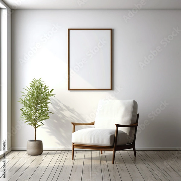 Fototapeta Empty picture frame mockup, vertical orientation, placed on a white wall in the window living room with natural light, vintage, armchair, and plants in a pot. Simple, modern, minimal interior style.