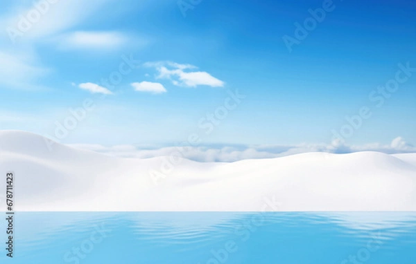 Fototapeta Empty blue water in front of snow field with blue sky and white clouds background. Perfect for product display and montage. High quality photo