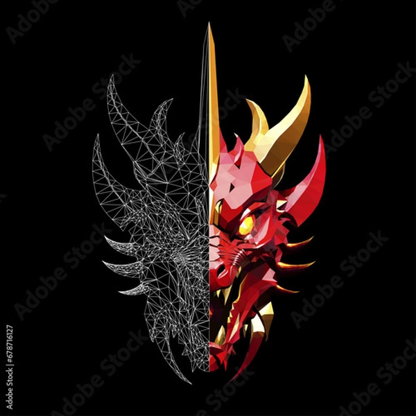 Fototapeta Low poly triangular dragon
fiery face on black background, vector illustration isolated.  Polygonal style trendy modern logo design. Suitable for printing on a t-shirt.
