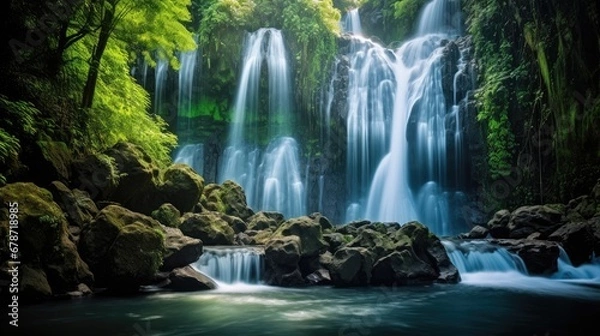 Fototapeta Waterfall in autumn forest background, Generative AI