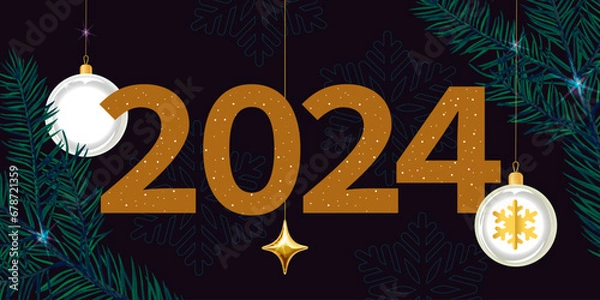 Obraz Gold 2024 year number on a dark background with spruce, gold stars and Christmas tree toy. Christmas or New Year banner.	