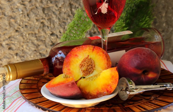 Obraz Still life with bottle,  glass of wine and peaches .