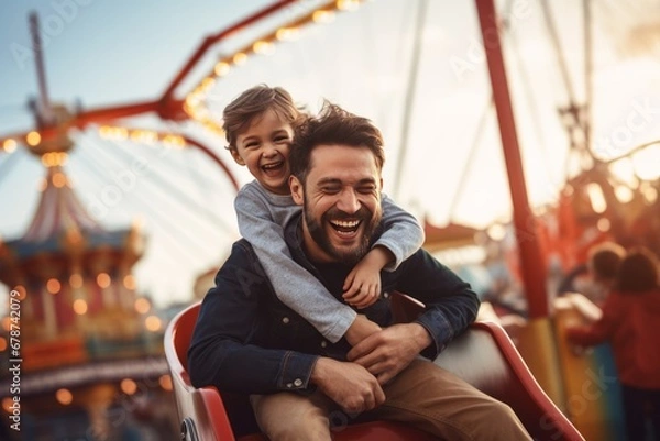 Fototapeta Father and Son Enjoying a Sunset at an Amusement Park