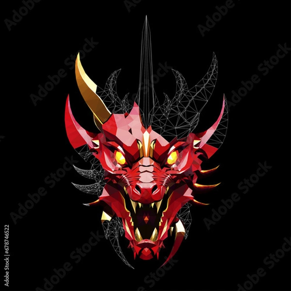 Fototapeta Low poly triangular dragon
fiery face on black background, vector illustration isolated.  Polygonal style trendy modern logo design. Suitable for printing on a t-shirt.