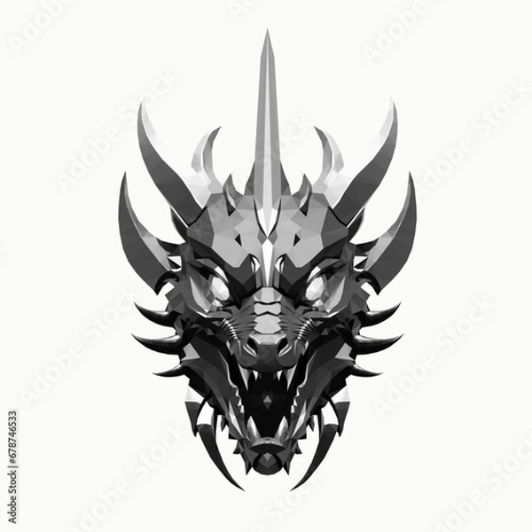 Fototapeta Low poly triangular dragon grey head  on white background, vector illustration isolated. Polygonal style trendy modern logo design. Suitable for printing on a t-shirt.