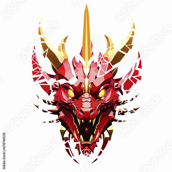 Fototapeta Low poly triangular dragon fiery head breaks into pieces on white background,  vector illustration isolated. Polygonal style trendy modern logo design. Suitable for printing on a t-shirt.