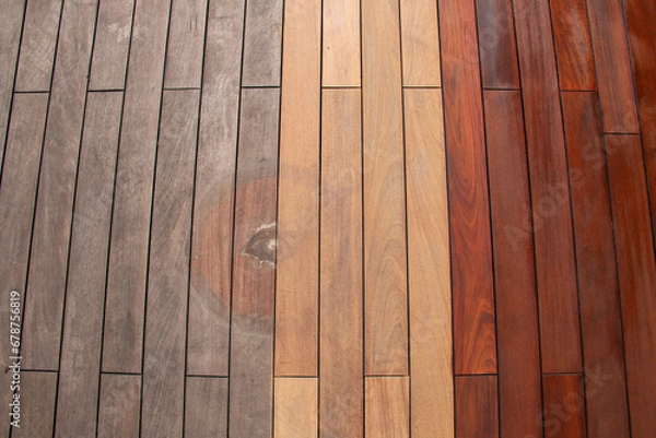 Fototapeta Wood planks texture - weathered with water stain of plant pot, sanded, and freshly oiled ipe deck