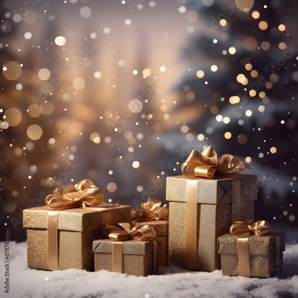 Fototapeta Winter's Christmas festivities adorned with gift boxes, trees, and ornaments against a backdrop of snowflakes. A joyful celebration of the New Year in a special and festive setting
