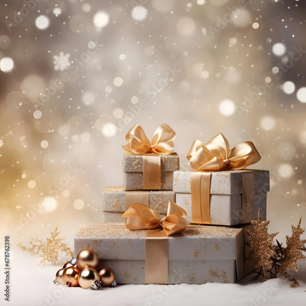 Fototapeta Winter's Christmas festivities adorned with gift boxes, trees, and ornaments against a backdrop of snowflakes. A joyful celebration of the New Year in a special and festive setting