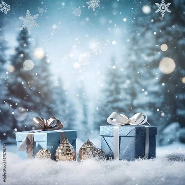 Fototapeta Winter's Christmas festivities adorned with gift boxes, trees, and ornaments against a backdrop of snowflakes. A joyful celebration of the New Year in a special and festive setting