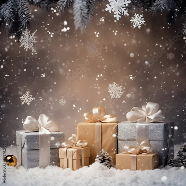 Fototapeta Winter's Christmas festivities adorned with gift boxes, trees, and ornaments against a backdrop of snowflakes. A joyful celebration of the New Year in a special and festive setting