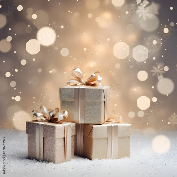 Fototapeta Winter's Christmas festivities adorned with gift boxes, trees, and ornaments against a backdrop of snowflakes. A joyful celebration of the New Year in a special and festive setting