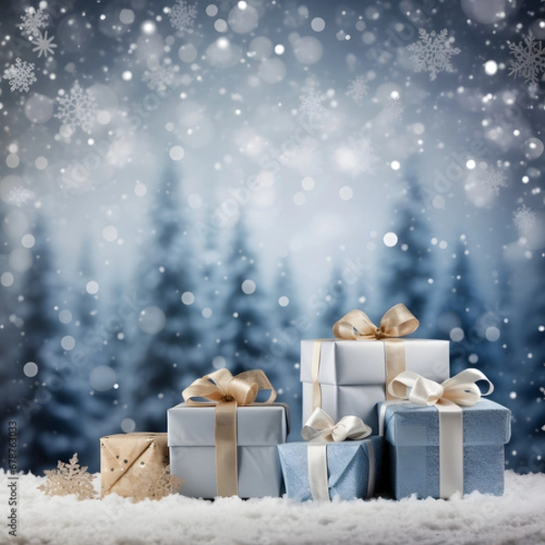 Fototapeta Winter's Christmas festivities adorned with gift boxes, trees, and ornaments against a backdrop of snowflakes. A joyful celebration of the New Year in a special and festive setting