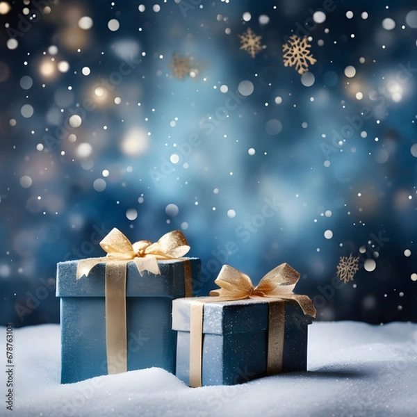 Fototapeta Winter's Christmas festivities adorned with gift boxes, trees, and ornaments against a backdrop of snowflakes. A joyful celebration of the New Year in a special and festive setting