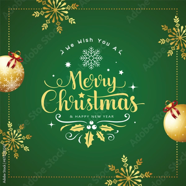 Fototapeta Vector elegant merry Christmas social media posts template and card design with luxury gold snowflake and bauble abstract background. Holiday, happy new year and winter festival design
