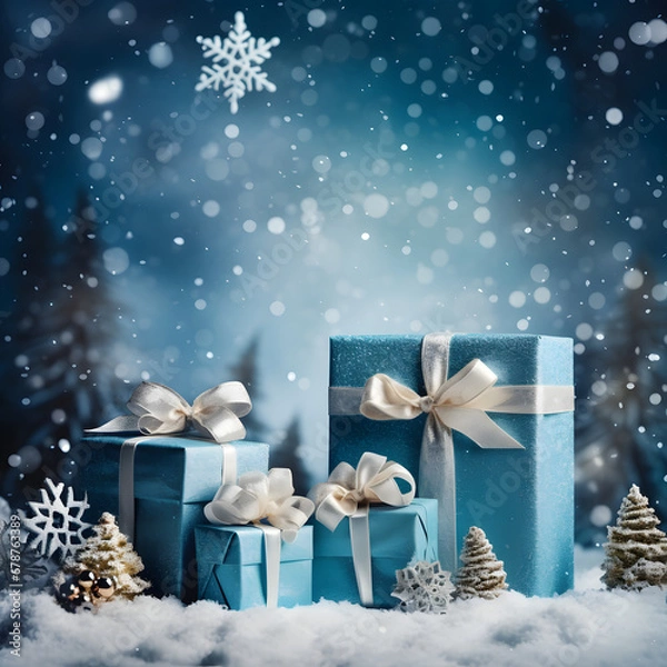 Fototapeta Winter's Christmas festivities adorned with gift boxes, trees, and ornaments against a backdrop of snowflakes. A joyful celebration of the New Year in a special and festive setting