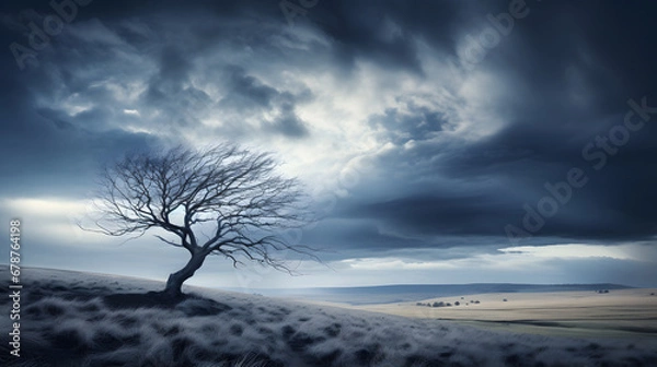 Fototapeta tree in the desert, Long exposure photography of a stormy sky in an etherial grassy plain