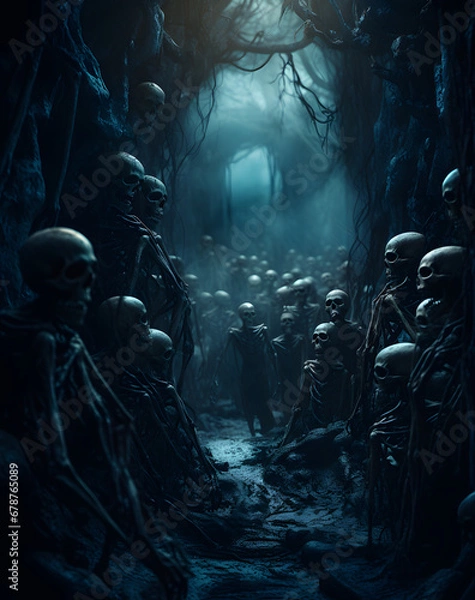 Fototapeta halloween scene with moon, dark, skull, bat, pumpkin, halloween background, template