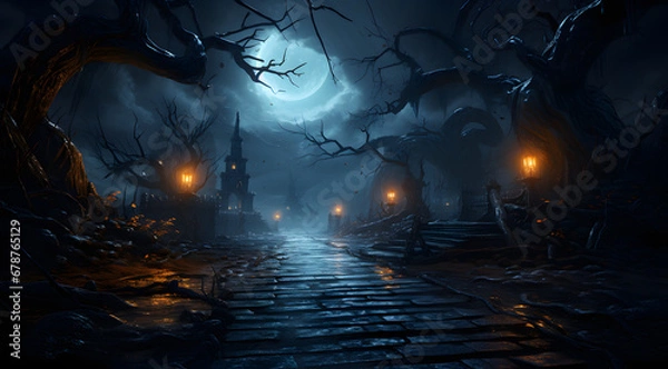 Fototapeta halloween scene with moon, dark, skull, bat, pumpkin, halloween background, template