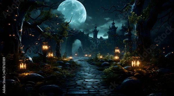 Fototapeta halloween scene with moon, dark, skull, bat, pumpkin, halloween background, template