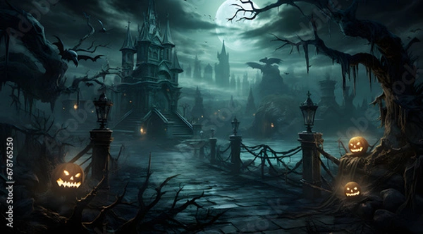 Fototapeta halloween scene with moon, dark, skull, bat, pumpkin, halloween background, template