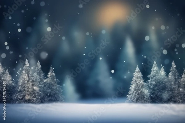 Fototapeta Christmas background with fir trees and blurred bokeh. Winter landscape. Generative AI