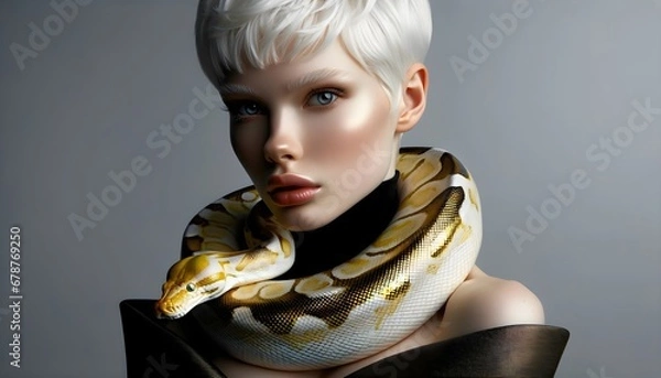 Fototapeta Blonde high fashion model with python around the neck
