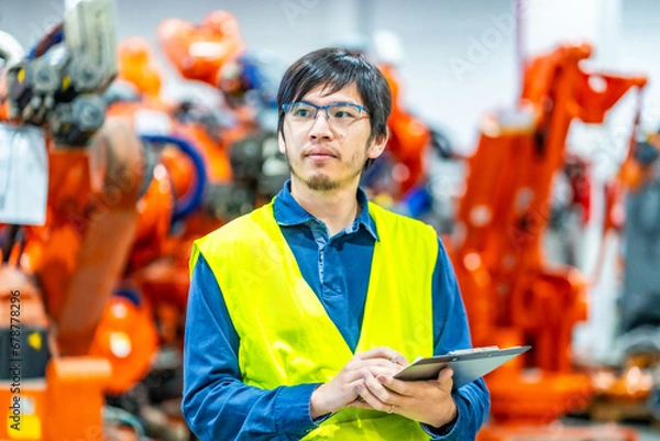 Fototapeta Engineer controlling the line of production of an industrial robotic