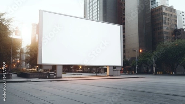 Fototapeta Clear white billboard mockup outdoor. Advertising clean poster on the modern city street for advertisement. With clipping path on screen. Mock-up for ad. Blank empty space for image. No people.