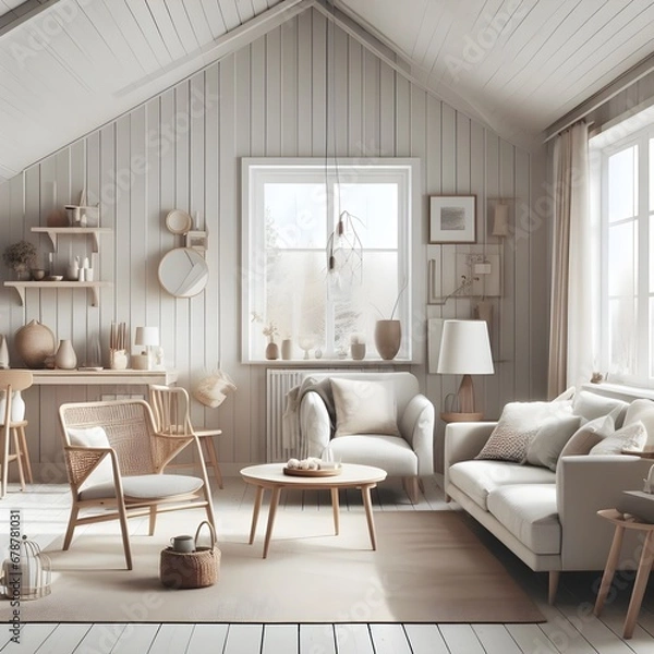 Obraz A Scandinavian-style living room with a sofa, armchairs, and coffee table