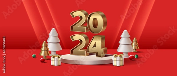Obraz 2023 Metal number. Extend wishes for  Happy New Year and Christmas Festive spirit. 3d Vector Illustration.