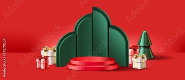 Obraz Christmas scene with red podium modern green partition, product display Christmas ornament, girt wrap ribbon and box design banner. 3d Vector Illustration.