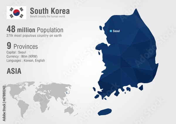 Obraz Mapa świata w Korei Południowej z teksturą diamentów pikseli.