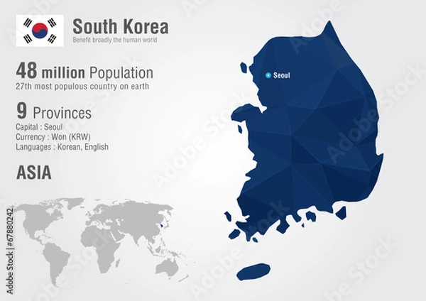 Fototapeta Mapa świata w Korei Południowej z teksturą diamentów pikseli.
