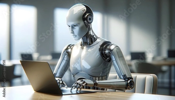 Obraz Humanoid robot using laptop