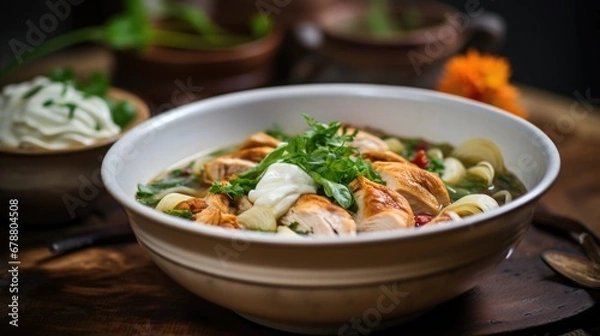 Fototapeta A bowl of pasta with chicken and vegetables.