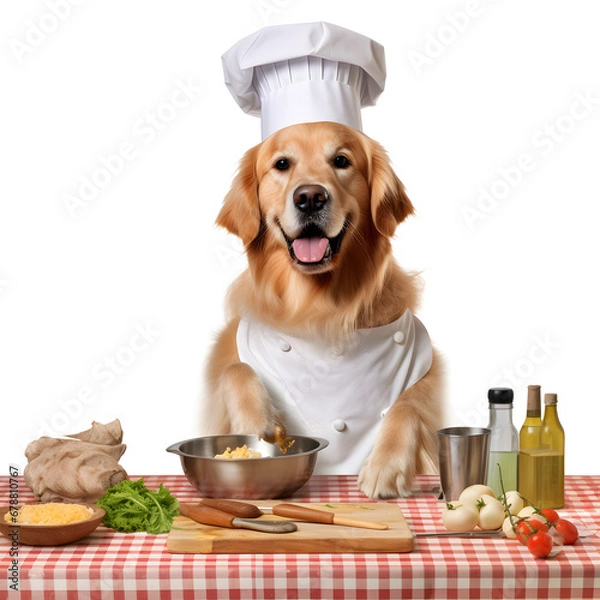 Fototapeta Adorable Golden Retriever dog dressed as a chef, ready to cook dinner in the kitchen. A delightful and humorous moment capturing the essence of pets in a culinary setting