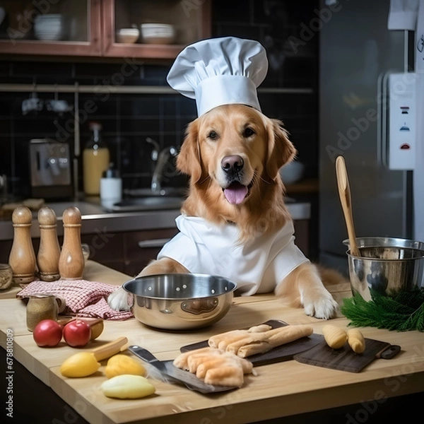 Fototapeta Adorable Golden Retriever dog dressed as a chef, ready to cook dinner in the kitchen. A delightful and humorous moment capturing the essence of pets in a culinary setting