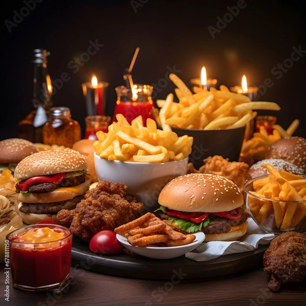 Fototapeta Fast food delivery for a dinner party: fries, fried chicken, burgers, and drinks. Unhealthy indulgence in a nutshell.