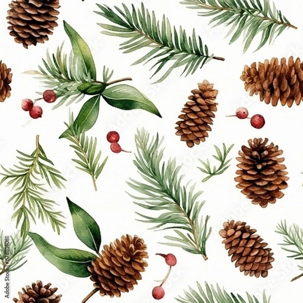 Fototapeta Seamless tile pattern with pine cones and branches, beautiful wallpaper on white background design evoking nature and winter, festive time, Christmas and end of the year celebration illustration