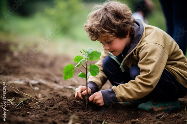 Fototapeta Young father teaching his son the value of nature and environmental education through planting a tree. Bonding through generations, cultivating a sense of responsibility and sustainability