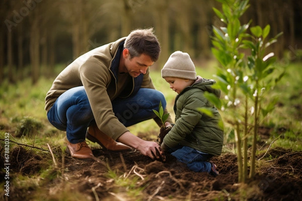 Fototapeta Young father teaching his son the value of nature and environmental education through planting a tree. Bonding through generations, cultivating a sense of responsibility and sustainability