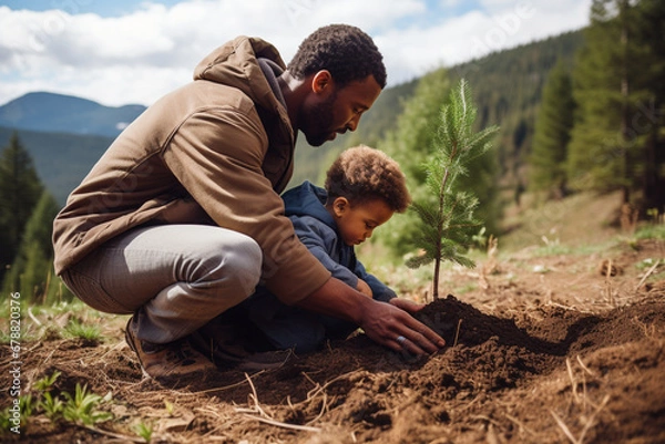 Fototapeta Young father teaching his son the value of nature and environmental education through planting a tree. Bonding through generations, cultivating a sense of responsibility and sustainability