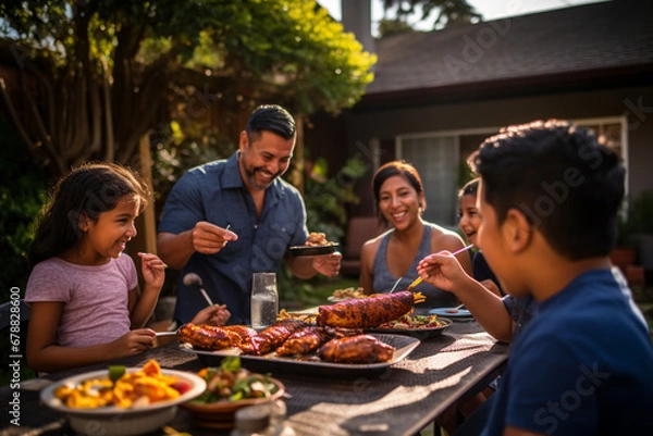 Fototapeta Happy Hispanic family enjoying a barbecue in their backyard on a sunny day. Family bonding and outdoor fun with delicious food and warm smiles