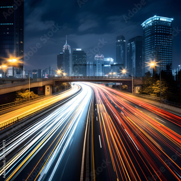 Fototapeta Light trails streaking through a sleek, modern metropolis, surrounded by towering skyscrapers and bathed in the glow of neon futuristic technology. A backdrop suggesting the future of virtual reality,
