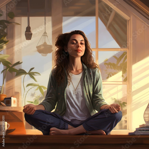 Fototapeta Artistic depiction of a woman engaging in meditation and yoga, finding serenity and peace in the calm and cozy atmosphere of her home. Embracing tranquility, cultivating a peaceful mind, and promoting