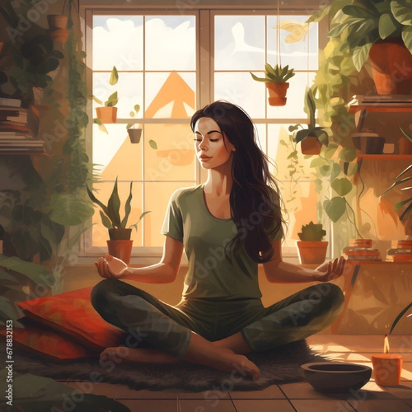 Fototapeta Artistic depiction of a woman engaging in meditation and yoga, finding serenity and peace in the calm and cozy atmosphere of her home. Embracing tranquility, cultivating a peaceful mind, and promoting