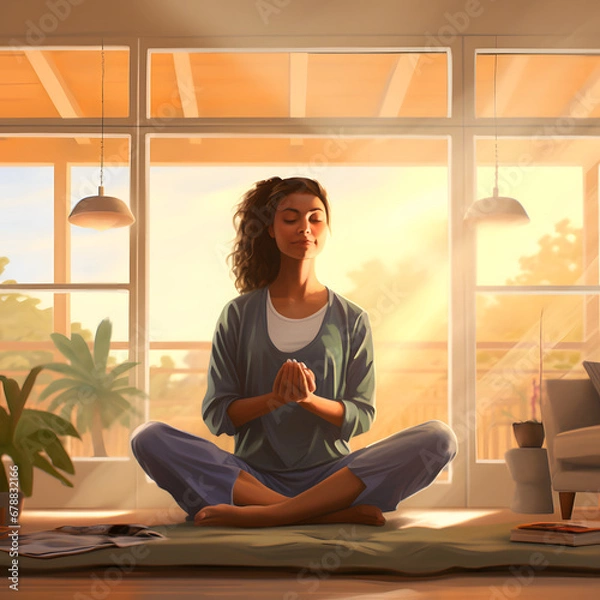 Fototapeta Artistic depiction of a woman engaging in meditation and yoga, finding serenity and peace in the calm and cozy atmosphere of her home. Embracing tranquility, cultivating a peaceful mind, and promoting