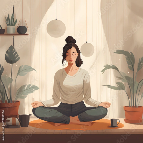 Fototapeta Artistic depiction of a woman engaging in meditation and yoga, finding serenity and peace in the calm and cozy atmosphere of her home. Embracing tranquility, cultivating a peaceful mind, and promoting